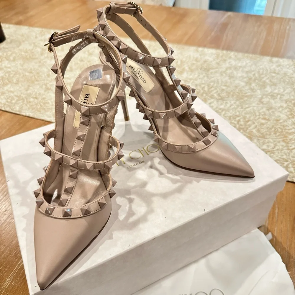 Valentino Rockstud Pointed Toe T-Strap Heels in Nude
